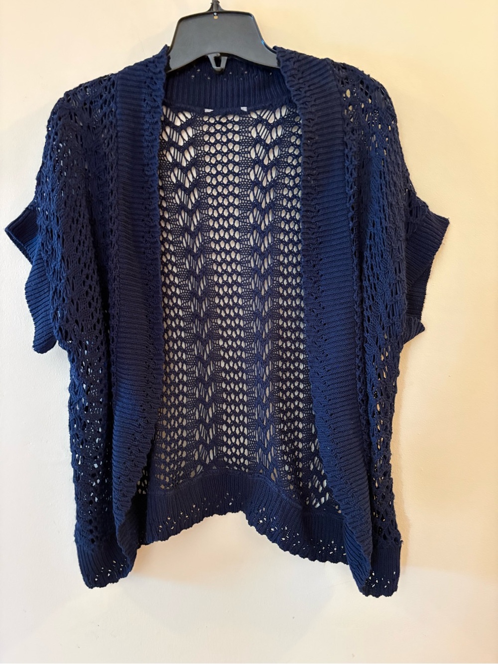 Navy Blue Open Knit, crochet like, Short Sleeve cardigan. No Tags. Approx Sz L.